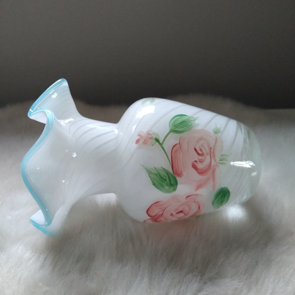 Vintage Fenton Aqua Crest Vase White Swirl Glass Hand Painted‎ Roses 6
